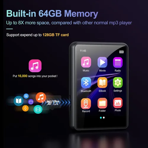 Vista 3 de Reproductor de MP3 con Bluetooth 5.3, reproductor de música portátil de alta fidelidad sin pérdidas con altavoz, memoria integrada de 64 GB, radio