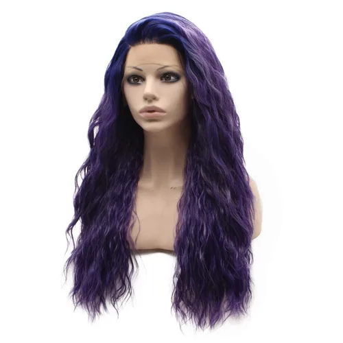 Vista 2 de Mxangel - Peluca de cabello sintético largo y rizado con encaje frontal, color morado, resistente al calor, para fiesta de cosplay