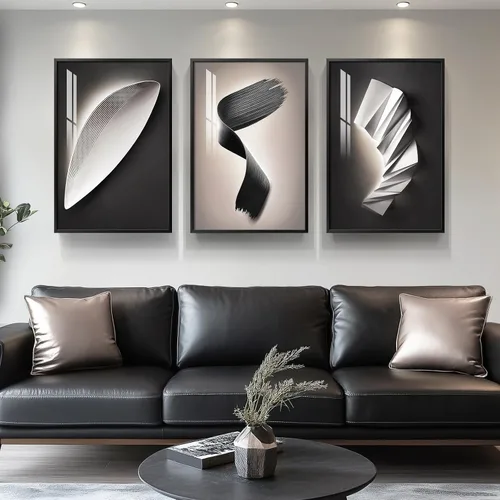Vista 20 de Juego de arte moderno enmarcado de 3 piezas, arte abstracto de líneas geométricas en blanco y negro, pinturas artísticas de lujo contemporáneas