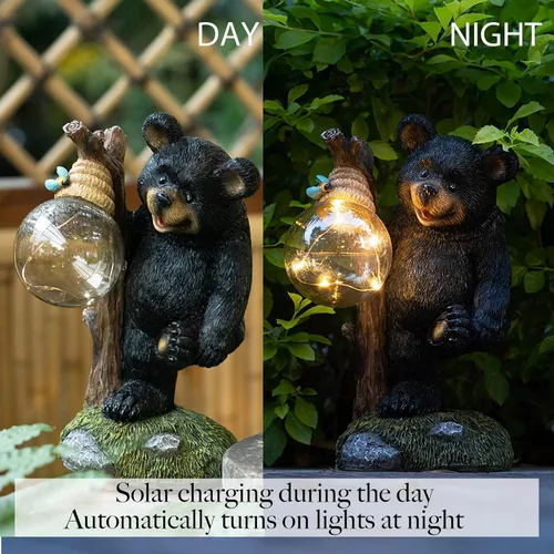 Vista 4 de Suyorpe Estatuas de jardín con luz decorativa de oso, estatua solar de oso exterior, decoración de jardín de animales, decoración divertida