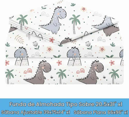 Vista 5 de BYSURE Juego de sábanas para cama individual para niños (Dinosaurio, gris), 3 piezas de sábanas de bolsillo profundo de ajuste fácil, ropa de cama