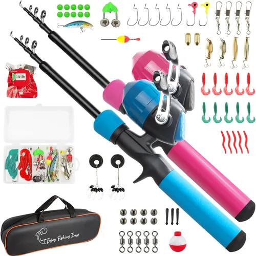 Vista 10 de Kit de caña de pescar para niños, caña telescópica de 59 pulgadas y carrete para principiantes con carrete Spincast, caja de aparejos, bolsa