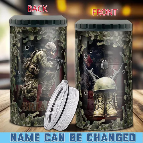 Vista 2 de Enfriador de latas personalizado del ejército de Estados Unidos con nombre personalizado, latas militares 4 en 1, vasos con aislamiento de 16 onzas