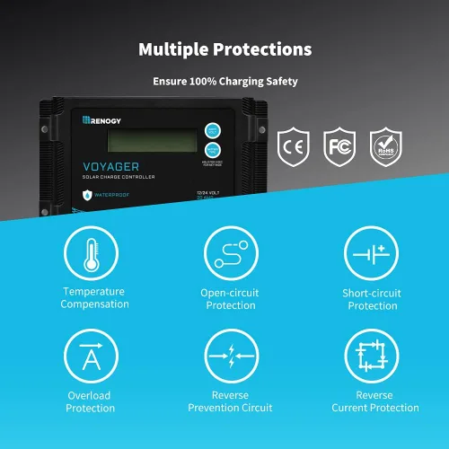 Vista 4 de Renogy Paquete de controlador de carga solar Voyager 20A 12V/24V con sensor de temperatura de batería
