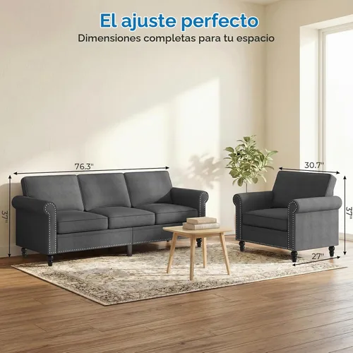 Vista 2 de Mjkone Juego de 2 Piezas para Sala de Estar, Sofá Seccional, Juego de Sofá y Silla, Sofá Moderno de Lino con Marco de Madera y Patas