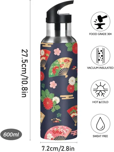 Vista 9 de Japanese Fans Vintage Insulated Stainless Steel Water Bottle with Straw 20 Oz, BPA-Free Sports Water Bottle with Straw Leakproof Water Bottles