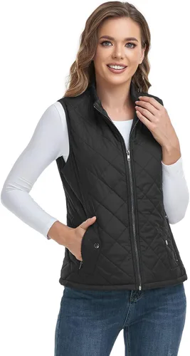 Vista 3 de LONGKING Chaleco para mujer con un bolsillo interior, cuello alto, ligero, con cremallera, acolchado, para mujer