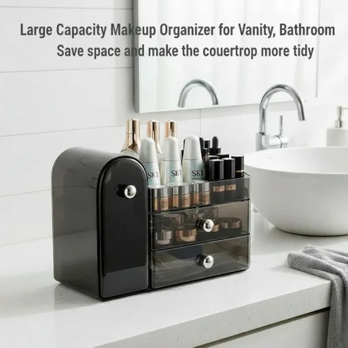 Vista 4 de Bird&Fish Organizador de maquillaje con soporte deslizante para cepillos, organizador transparente para el cuidado de la piel con cajones, Negro