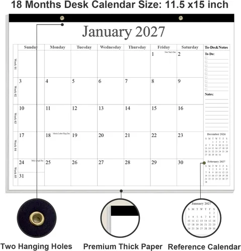 Vista 3 de Calendario de escritorio 2026 – Calendario 2026-2027 de enero de 2026 a junio de 2027, calendario de 18 meses con papel grueso para oficina, hogar
