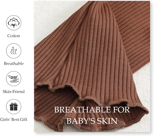 Vista 5 de SOBOWO Pantalones acampanados para bebé, paquete de 3 unidades para niña pequeña, color liso, acanalado, con volantes, pantalones acampanados