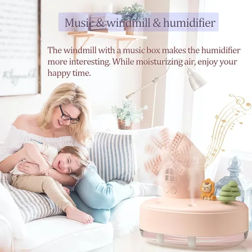 Vista 2 de Humidificadores ultrasónicos para dormitorio y oficina, humidificador de niebla fría con caja de música, humidificador de viento giratorio para bebé