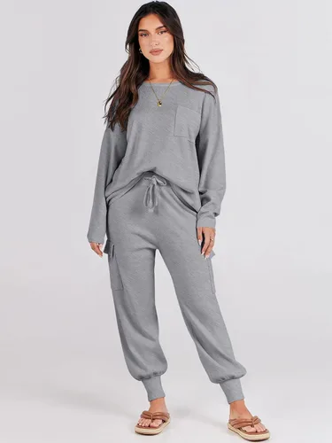 Vista 5 de Caracilia Conjunto de dos piezas para mujer, suéter de punto de manga larga y pantalones deportivos tipo cargo