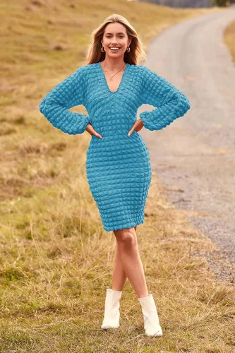 Vista 7 de PRETTYGARDEN Vestido ajustado de manga larga abombada con cuello en V para mujer