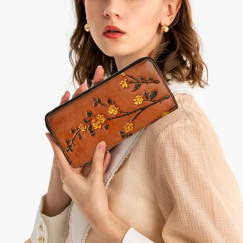 Vista 2 de Cartera de cuero con cremallera para mujer, estilo vintage, monedero de flores para mujer, Marrón, Estilo retro