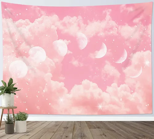 Vista 4 de LB Tapiz de fase lunar de nube rosa, nube pastel rosa y blanca con fase lunar para dormitorio, tapiz colgante de pared de paisaje natural, arte