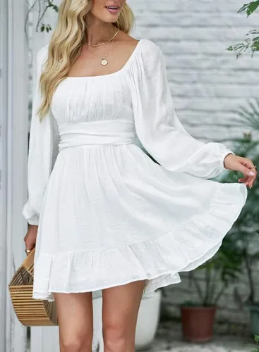 Vista 4 de Dokotoo Vestido largo para mujer, manga farol, cuello cuadrado, lazo sin espalda, vestido sexy con volantes, cintura elástica, acampanado, mini