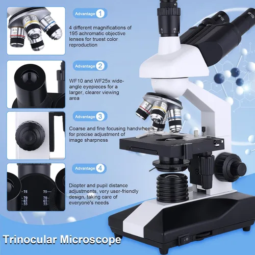 Vista 4 de Herwicm Microscopio trinocular compuesto 40X-5000X Ampliación, Microscopio profesional de grado de investigación, Dos niveles de iluminación LED