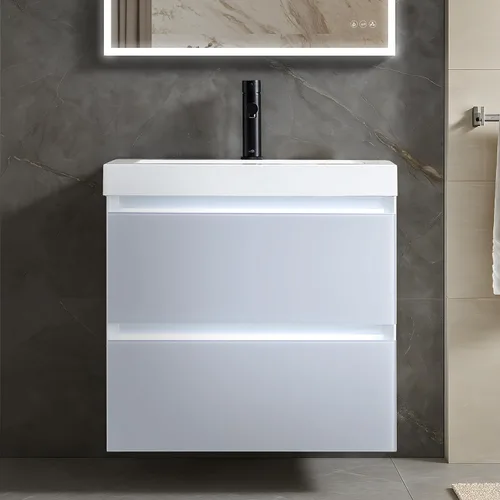 Vista 13 de Blossom Tocador de baño LED de 24 pulgadas – Tocador flotante montado en la pared con luces – 100% impermeable PVC de grado marino – Moderno