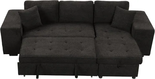 Vista 8 de Sofá cama modular modular modular en forma de L convertible de 3 plazas con diván de almacenamiento y 2 taburetes, juego de muebles reversibles