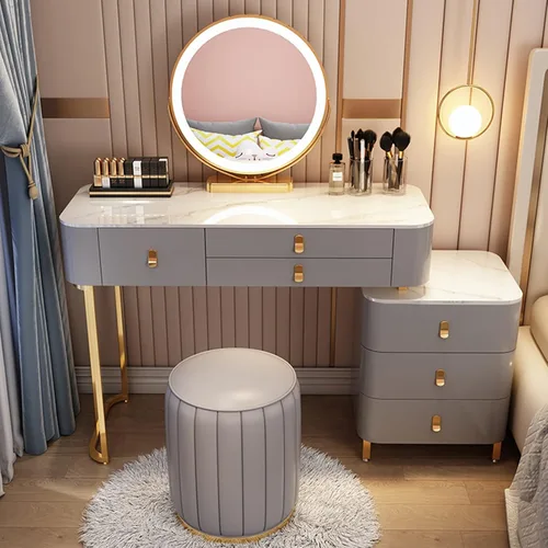 Vista 11 de Tocador, tocador de maquillaje con taburete acolchado, tocador con espejo iluminado LED y mesa auxiliar, mesa de maquillaje con 3 cajones