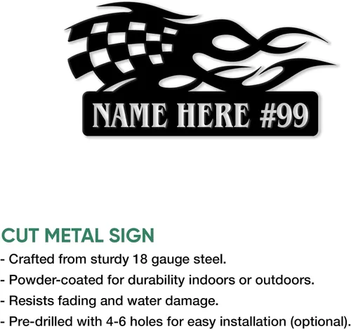 Vista 2 de Letrero de metal personalizado de carreras – Muro personalizado con nombre de coche de carreras, valla, garaje, patio, hogar, cueva de hombre