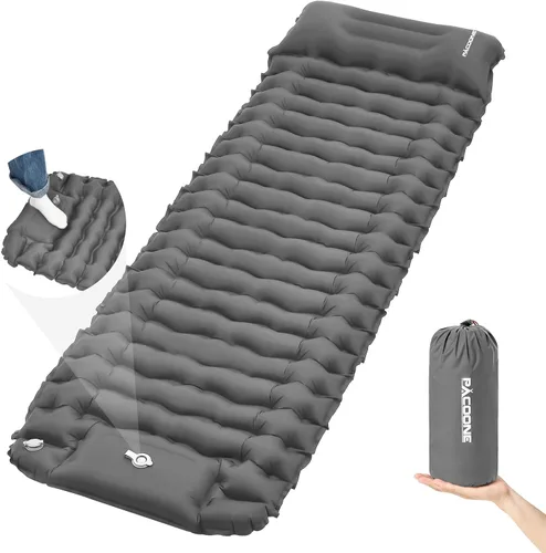 Vista 8 de Colchoneta de dormir para campamento, diseño conectable para doble colchoneta, colchoneta inflable ultraligera con almohada, bomba de pie