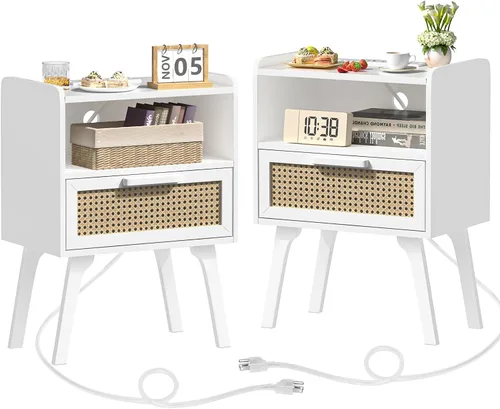 Vista 20 de Lerliuo Rattan Nightstand with Charging Station, Boho Night Stand Natural