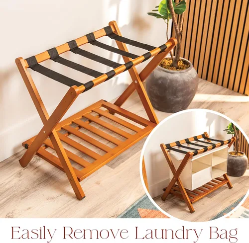 Vista 7 de Estante plegable de bambú de nogal totalmente ensamblado para habitación de invitados, soporte plegable de maleta de 26.75 pulgadas con bolsa