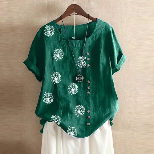 Vista 2 de DASAYO Camiseta de lino de algodón con estampado floral para mujer, con botones, cuello redondo, blusa holgada de moda para salir