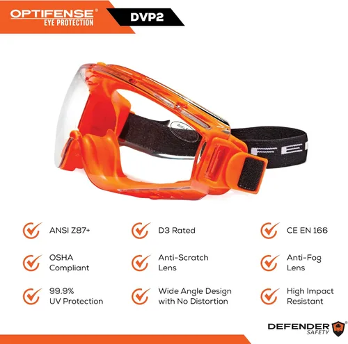 Vista 6 de Defender Safety Gafas de seguridad DVP2, gafas protectoras de policarbonato, anti arañazos, antiniebla, resistente a los impactos ANSI Z87