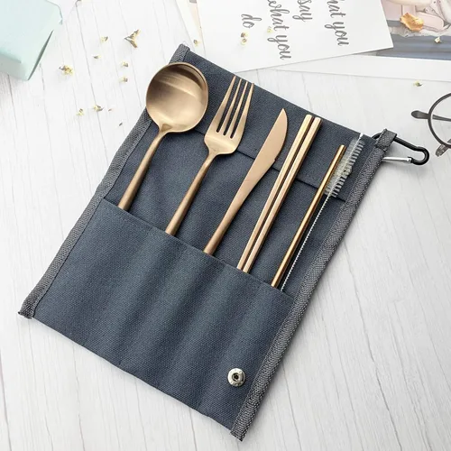 Vista 2 de JASHII Utensilios de campamento reutilizables de acero inoxidable con bolsa, juego de cubiertos de viaje de 7 piezas con cuchillo de pajilla, Rosa