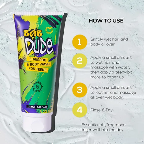 Vista 8 de 808 Dude Champú y gel de baño para adolescentes, niños y hombres Ingredientes puros naturales y orgánicos Elimina el olor corporal y los brotes