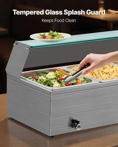 Vista 4 de VEVOR Calentador de Alimentos Comercial, Calentador de Alimentos al Vapor Eléctrico de Acero Inoxidable de 1500W con Tapa de Vidrio, Baño María