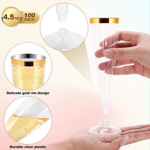 Vista 3 de Paquete de 50 copas de champán de plástico desechables, copas de champán con borde dorado, flauta de champán desechables transparentes de 4.5 onzas