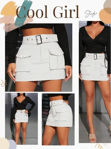 Vista 2 de Falda cargo para mujer, minifalda cargo para mujer, falda de mezclilla con cinturón y bolsillo