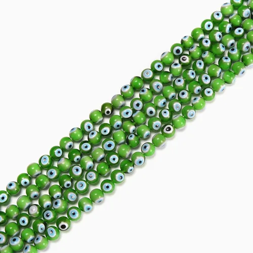 Vista 2 de JM Design Peridot Green Evil Eye Glass Cuentas redondas lisas tamaño 0.236 in 15.5'' Hebra para fabricación de joyas