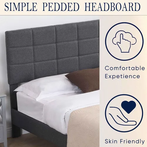 Vista 3 de Base de cama Queen con cabecera de tela, marco de cama tapizado, marco de cama resistente con soporte de listones de madera, base de colchón,
