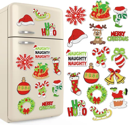 Vista 20 de Umigy 16 piezas de imanes de arte de diamante navideño para refrigerador, verde lima y rojo, imanes de pintura de diamantes de Navidad, hombre