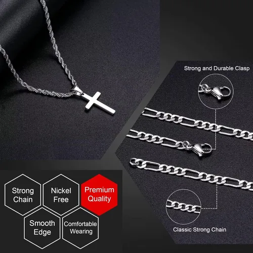 Vista 6 de Cross Chain Necklace for Men Women, Layered Rope Figaro Chain Mens Cross Pendant Necklace Simple Jewelry Gifts for Men Teenage Boys