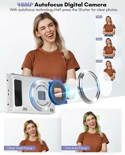 Vista 2 de Cámara digital 4K, cámaras de enfoque automático de 48 MP para fotografía, cámara compacta de vlogging con cámara frontal y trasera, cámaras