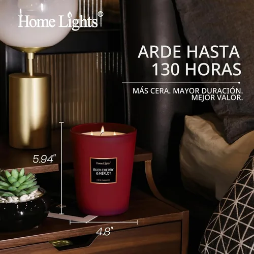 Vista 5 de HomeLights Velas perfumadas – Tarro grande de aromaterapia, cera de soja natural, 130 horas de combustión, cereza rubí y merlot