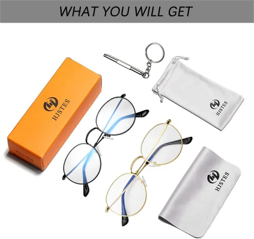 Vista 6 de HJSTES - Gafas redondas con filtro de luz azul para hombres y mujeres, estilo retro, con lente transparente y marco metálico