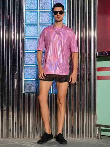 Vista 7 de WDIRARA Camiseta holográfica para hombre, manga corta, cuello redondo, brillante, para fiesta, club, camiseta sin mangas