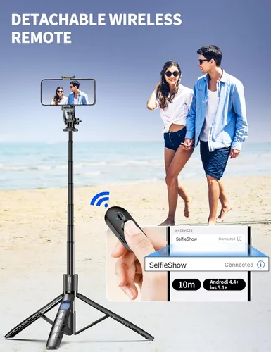 Vista 4 de Trípode de aluminio de 71" para teléfono, trípodes de viaje para iPhone con control remoto, trípode de selfie para celular extensible compatible