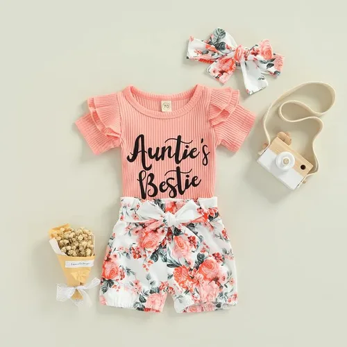 Vista 2 de Traje de tía para bebé recién nacida, mameluco de manga corta acanalado floral con diadema