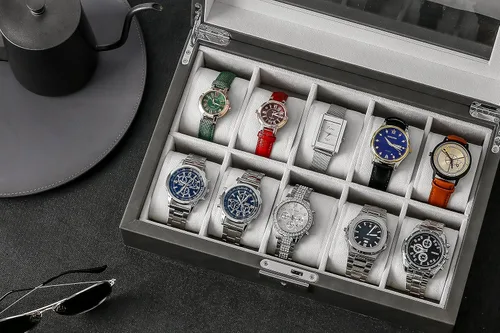Vista 7 de GUKA Caja de 10 ranuras para reloj, vitrina organizadora de cristal real, con estuche de lujo para hombres y mujeres, regalo
