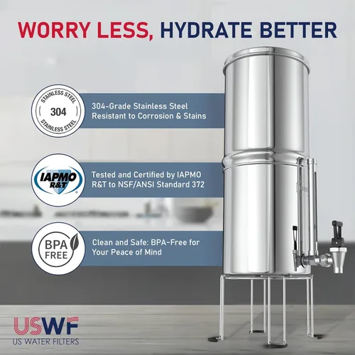 Vista 4 de USWF - Sistema de filtro de agua alimentado por gravedad, acero inoxidable de 2.25 galones, con 2 filtros de carbono, portátil con espiga de vidrio