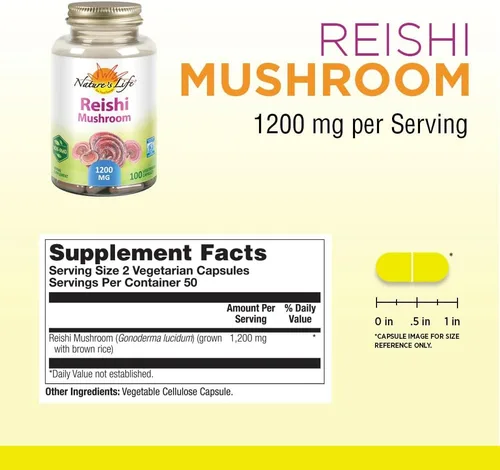 Vista 2 de Nature's Life Hongo Reishi 1200 mg Función inmune saludable, suplemento de energía y apoyo del estado de ánimo Sin OMG y verificado