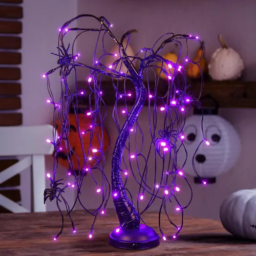 Vista 8 de Luz de bonsái de sauce iluminada de 24 pulgadas para Halloween, 80 luces LED naranjas, lámpara de mesa, árbol artificial, decoración de escritorio
