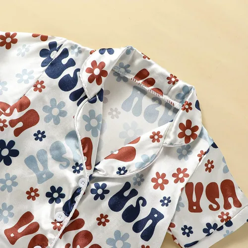 Vista 3 de Conjunto de pijama de satén para bebés y niños pequeños, pijamas de manga larga con botones para niñas 4 de julio